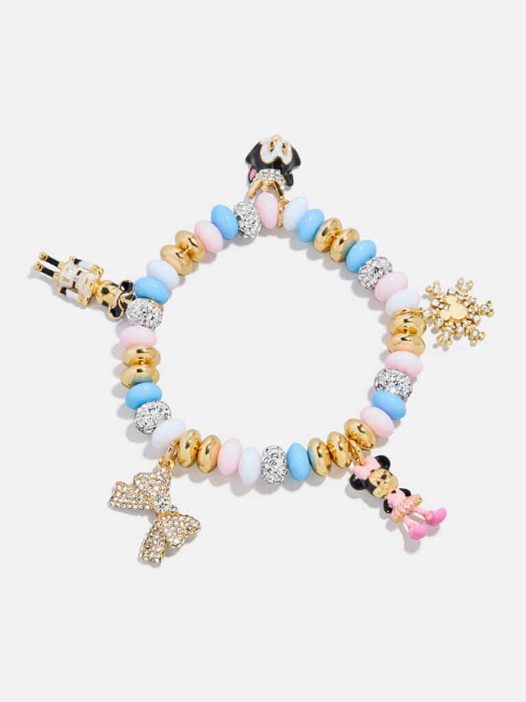 Colorful Disney-themed beaded bracelet with Mickey and Minnie mouse charms, snowflake, butterfly, and gold accents.
