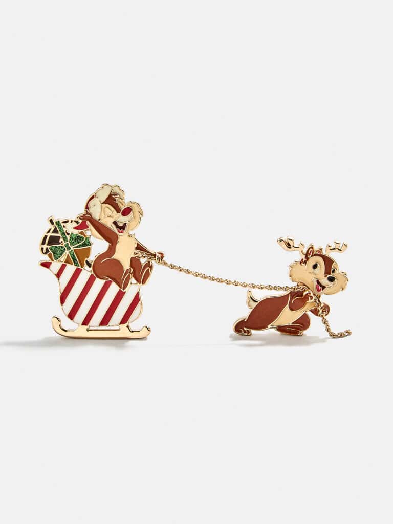 Festive Disney Christmas reindeer and sleigh brooches with holiday charm and playful design.