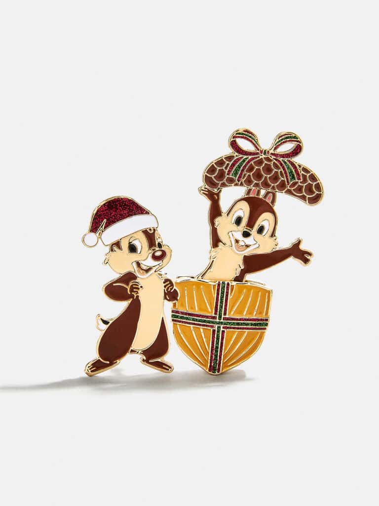 Enamel Disney chip and dale holiday Christmas pin with a Santa hat and a Christmas gift.