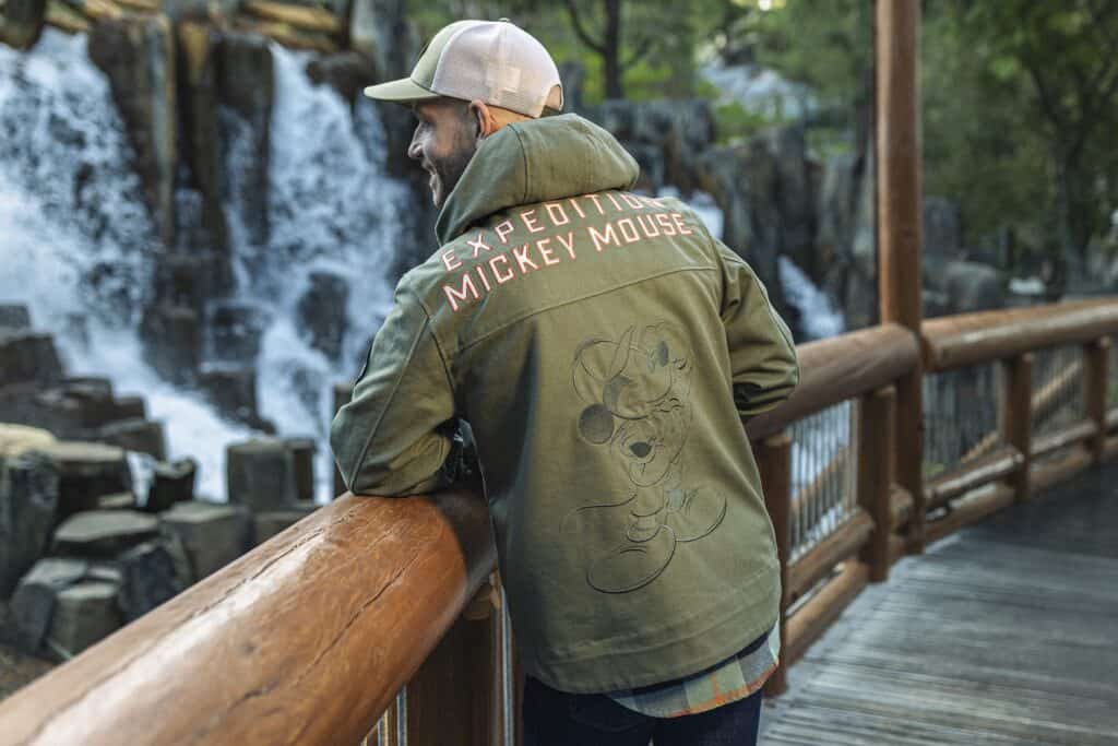 Green Mickey Mouse Expedition jacket, Disney fashion, outdoor Disney-inspired apparel.