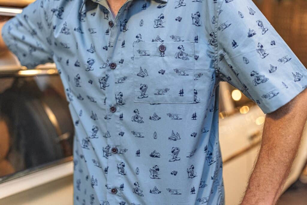 Mickey Mouse themed printed shirt, casual Disney fashion for men, lightweight short sleeve design.