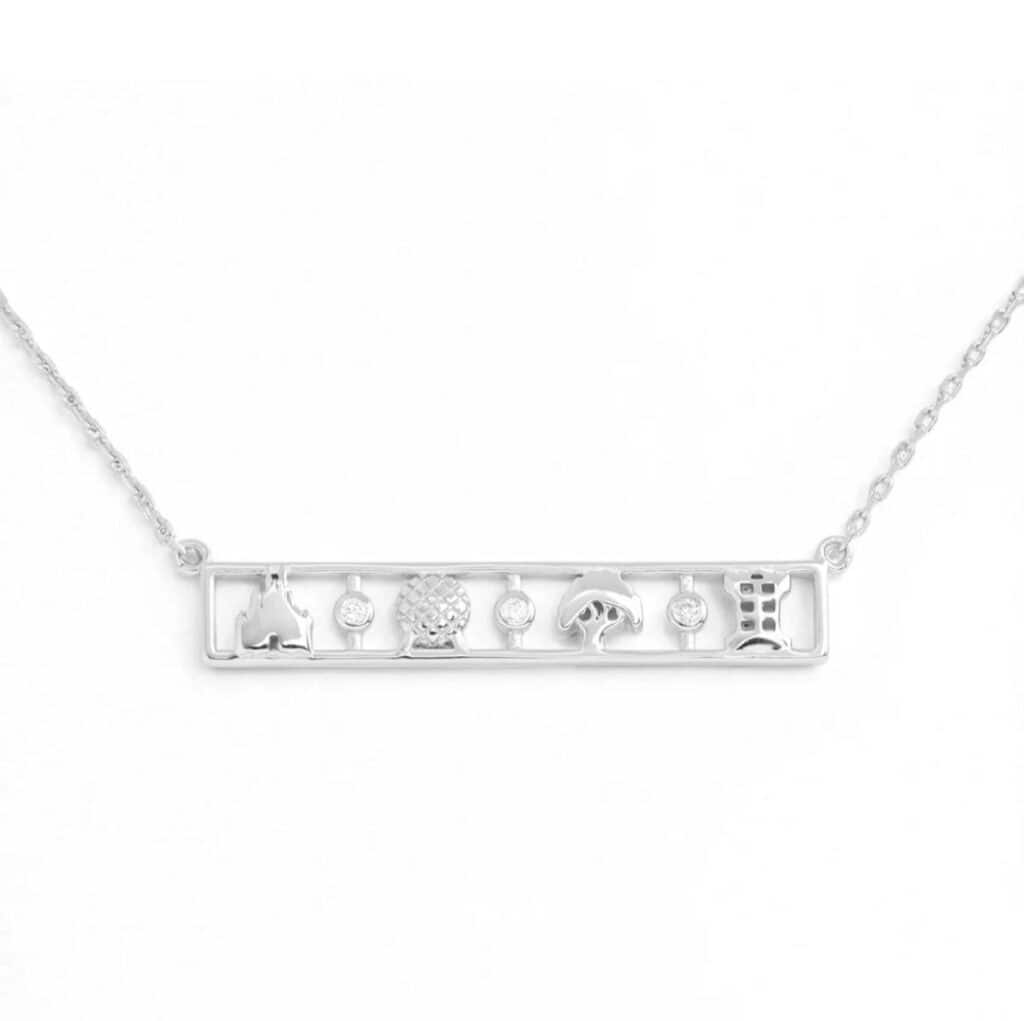 Elegant Disney-themed silver necklace with iconic character silhouettes and sparkling accents.