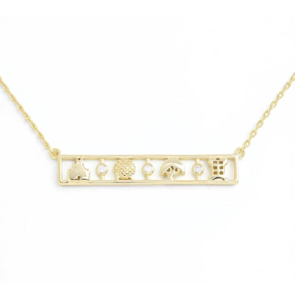 Gold Disney characters necklace, Disney fashion jewelry, Disney Princess, Mickey Mouse, Minnie Mouse, Disney themed accessories.