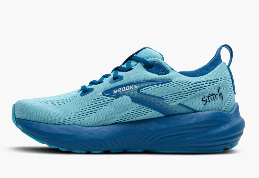 Bright blue Brooks running shoe with Stitch logo and Durable athletic footwear for Disney fans.