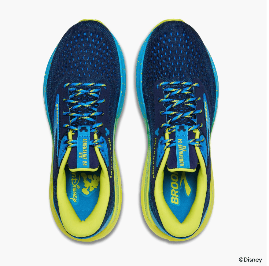 Blue and yellow Disney Pixar sneakers with "Adrenaline Jet" branding and Nike Air Max design elements.