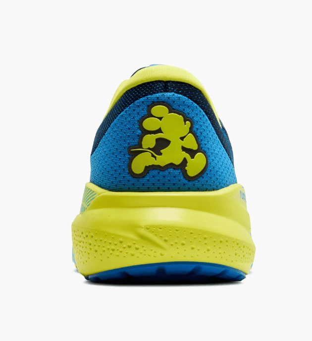 Bright blue and yellow Mickey Mouse-themed athletic shoe with cushioned sole and iconic character logo.
