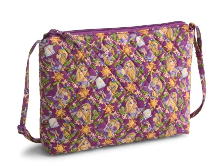 Colorful Disney Princess floral print purse with purple accents and adjustable strap for women.