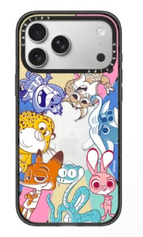 Colorful Disney character phone case with animals and princesses, perfect for Disney fans and fashion lovers.