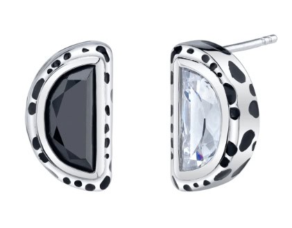 Black and clear gemstone stud earrings with dotted silver accents, stylish Disney-inspired jewelry.