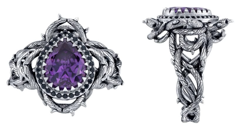Amethyst and dragon-themed silver ring jewelry inspired by Disney villains.