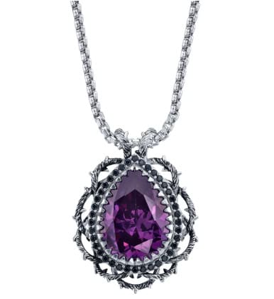 Purple gemstone necklace with intricate silver detailing and a chain, Disney-inspired jewelry piece.