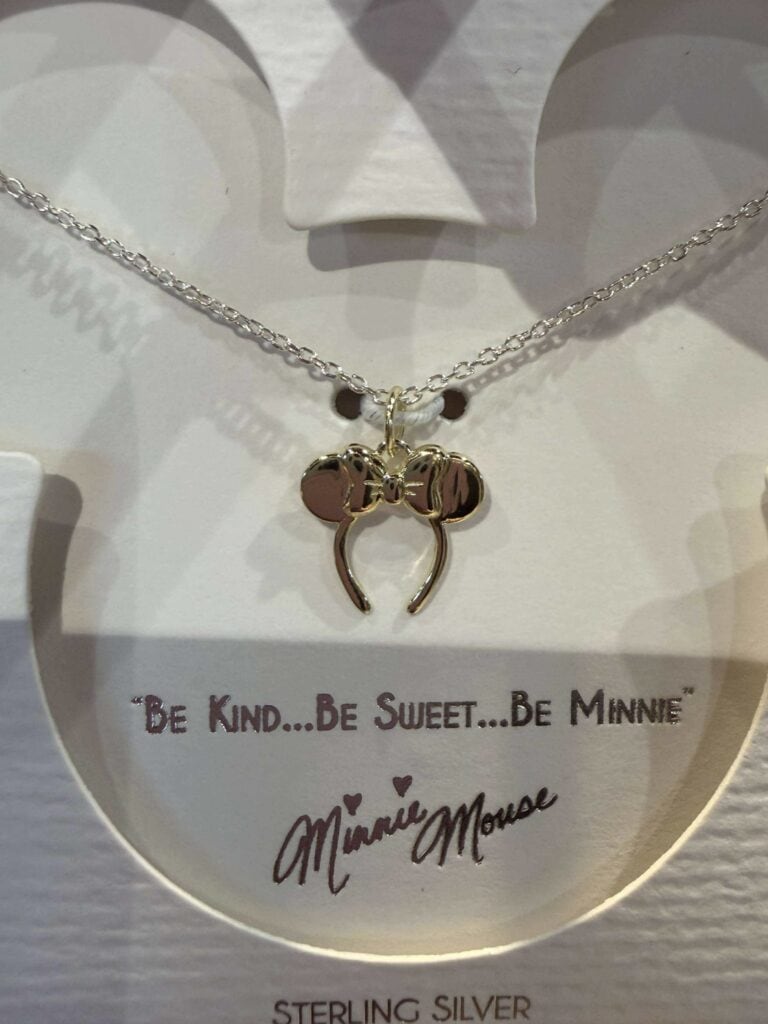 Daisy Minnie Mouse themed sterling silver necklace with Minnie Mouse quote and charm.
