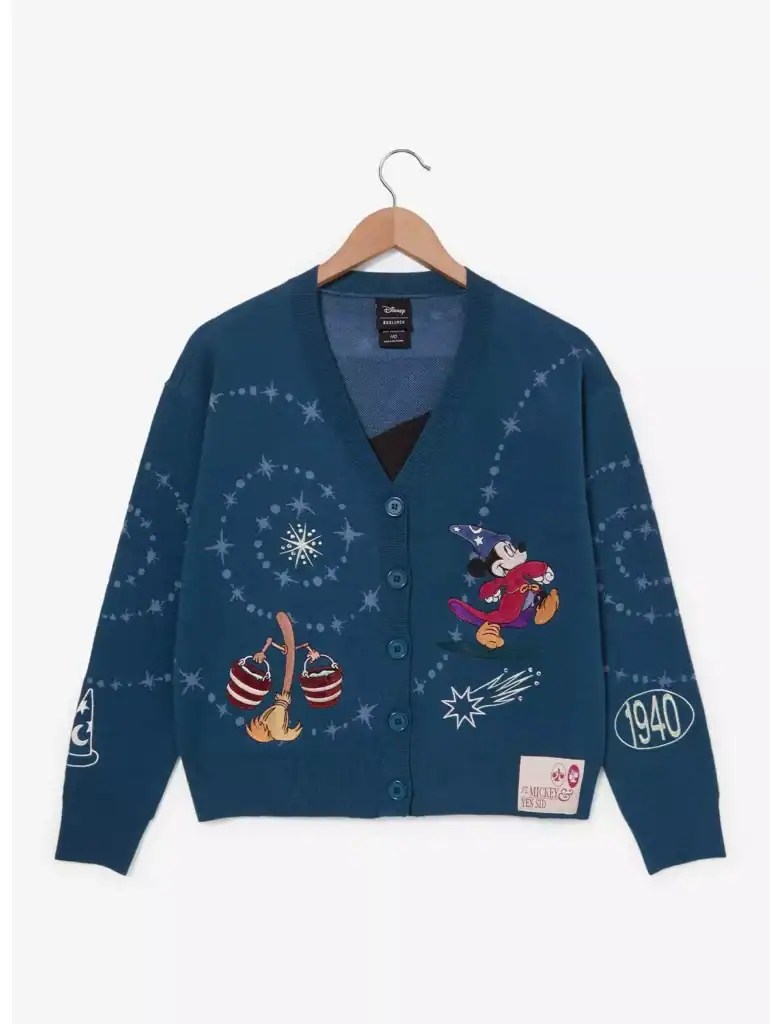 Colorful Disney Mickey Mouse holiday sweater featuring winter-themed designs and vintage-inspired details.