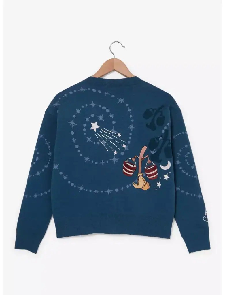 Colorful Disney character winter sweater with celestial and starry designs. Perfect for Disney fans and holiday fashion.