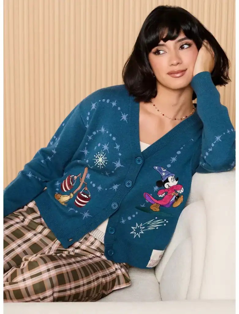 Cute Disney Minnie Mouse Christmas sweater with festive embroidery and plaid pants for holiday fashion.