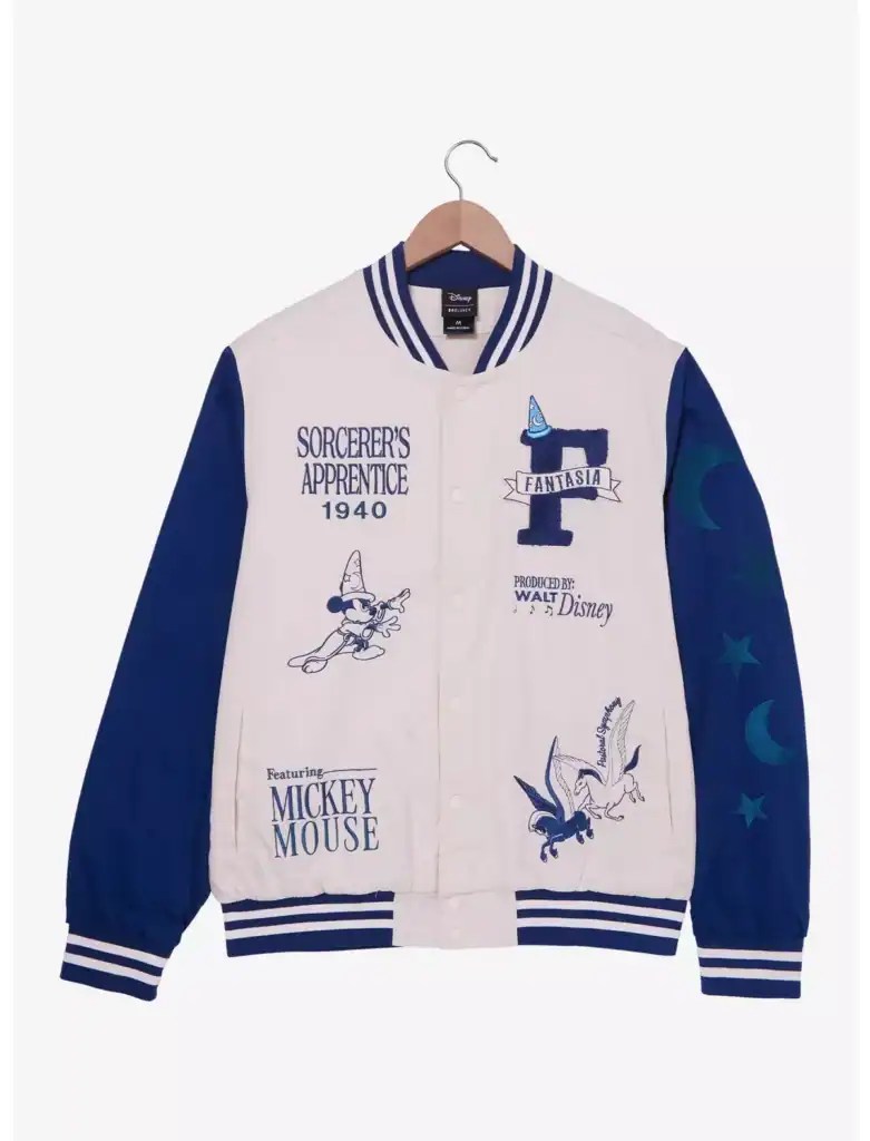 Cute Disney sorcerer Mickey Mouse varsity jacket with embroidered patches and moon/star details.