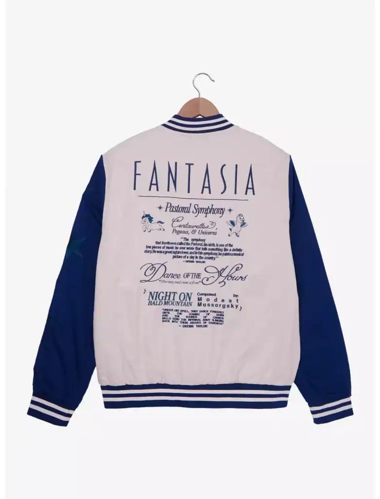 A stylish Disney-inspired varsity jacket with fantasy-themed embroidery and vibrant blue accents, perfect for Disney fans.