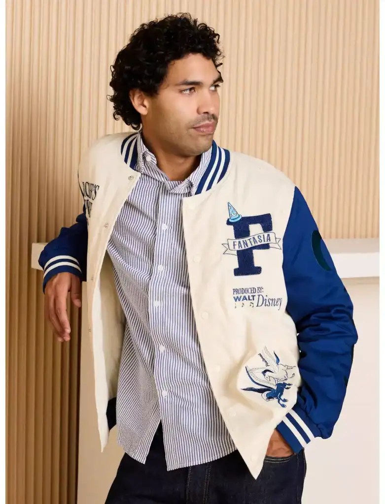 Stylish Disney-inspired varsity jacket for fashion-forward Disney fans and Disney fashion enthusiasts.