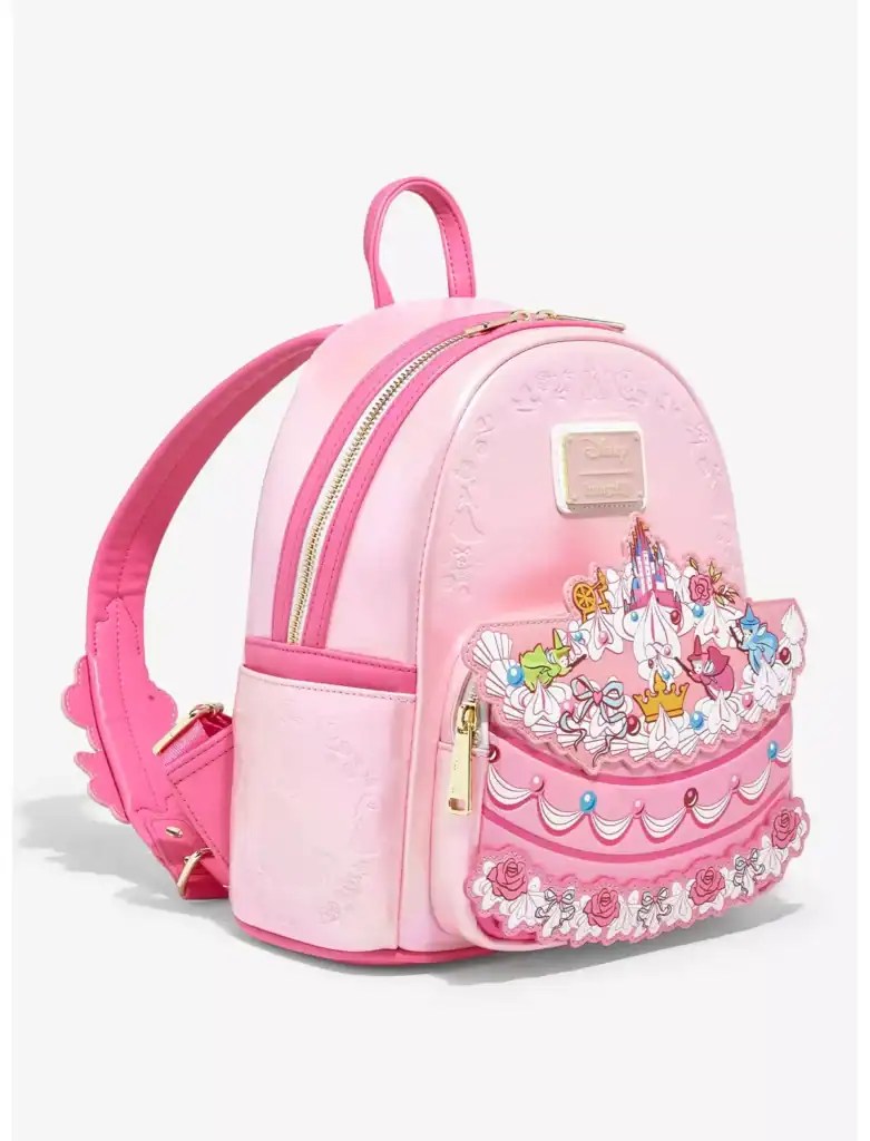 Pink Disney Princess backpack featuring Cinderella carriage and floral details, perfect for Disney fashion and kids' accessories.