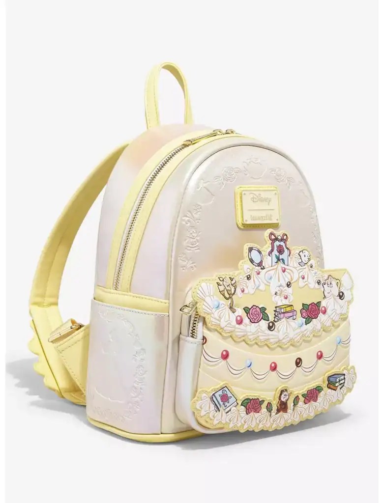 Pastel Disney Princess backpack with floral and character embroidered details, perfect for Disney fashion lovers.