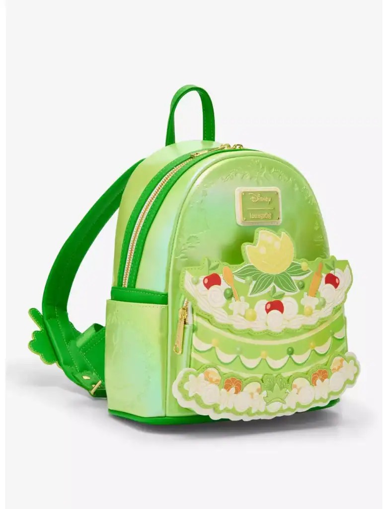 Bright green Disney-themed loungefly backpack with decorative food-inspired details and zippers.