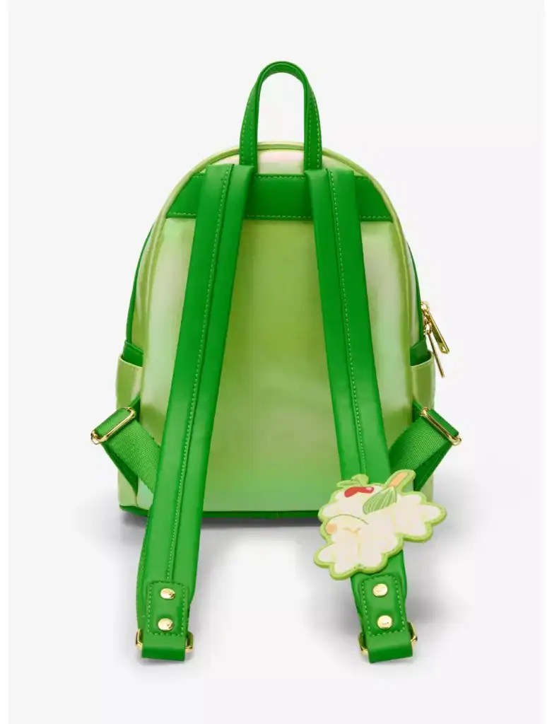 Mini green backpack with floral charm, perfect for Disney fashion and accessory lovers.