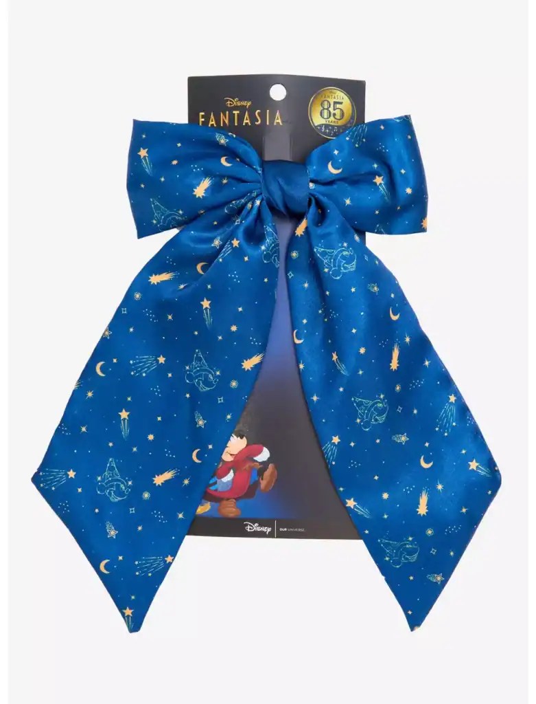 Blue Disney Fantasia themed bow with celestial moon, star, and wizard motifs, perfect for Disney costumes and fashion.