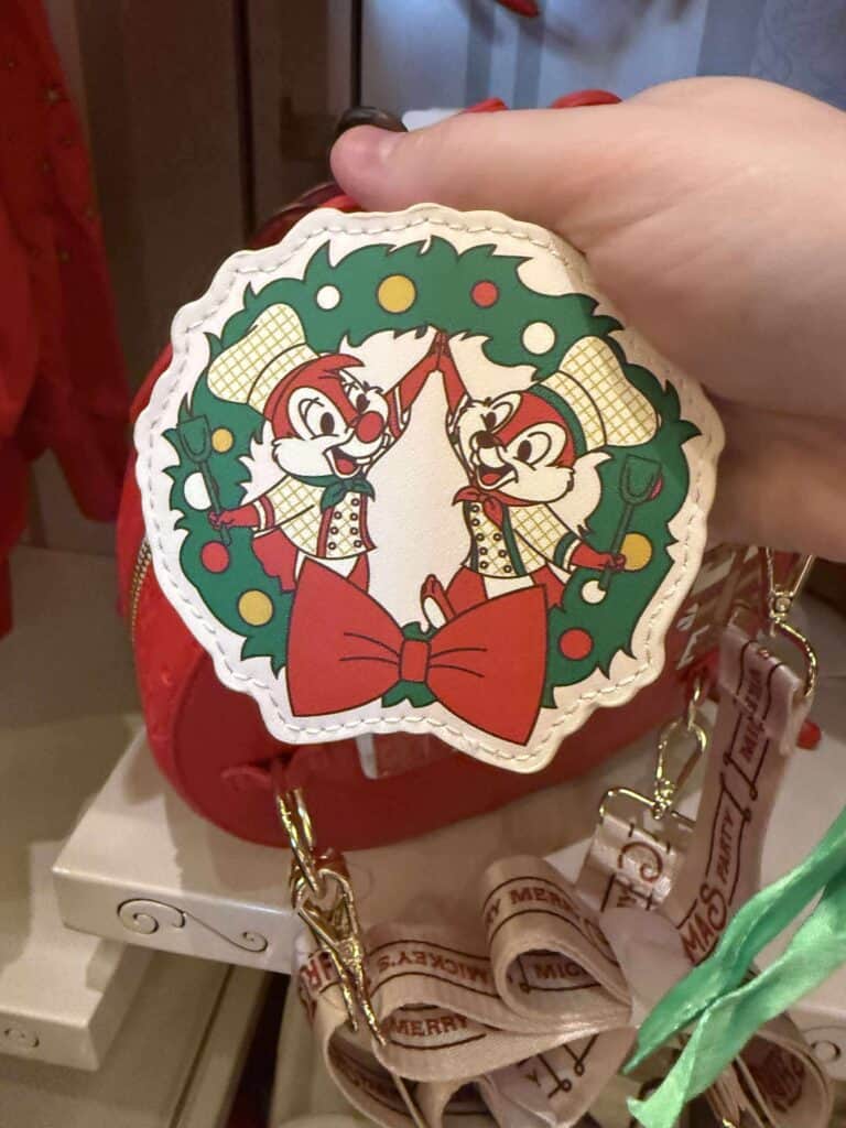Colorful Disney Christmas chip and dale plush purse with holiday decorations and festive design, perfect for Disney fans.