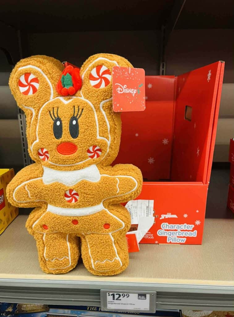 Soft plush Gingerbread Minnie Mouse pillow for Christmas, Disney holiday decor, Disney store product.
