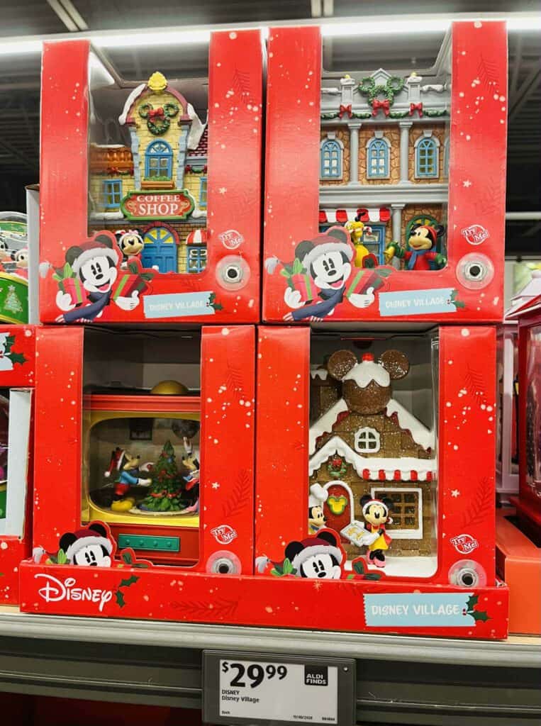 Mickey Mouse holiday themed gingerbread house gift set, Disney Village Christmas decor, collectible Disney holiday decorations.