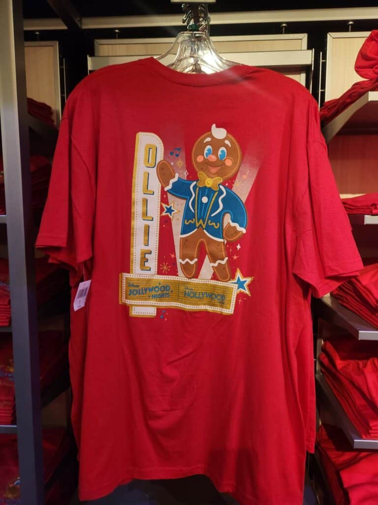 Gingerbread man T-shirt with Disney Hollywood Nights and Jollywood banners, perfect for Disney fans.