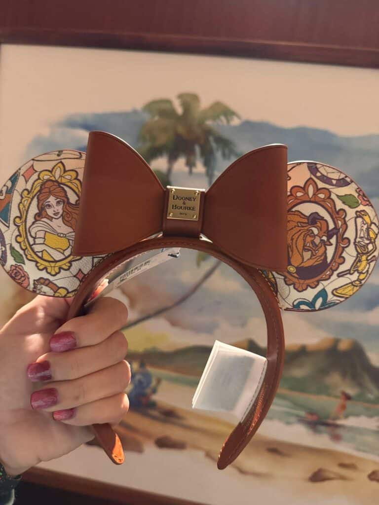 Sunglasses with Disney princess and Beauty and the Beast patterns, and a large pink bow on top.
