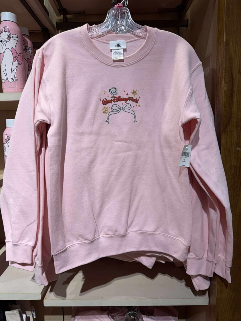Disney World-themed pink sweatshirt with festive holiday embroidery, perfect for Disney fans.