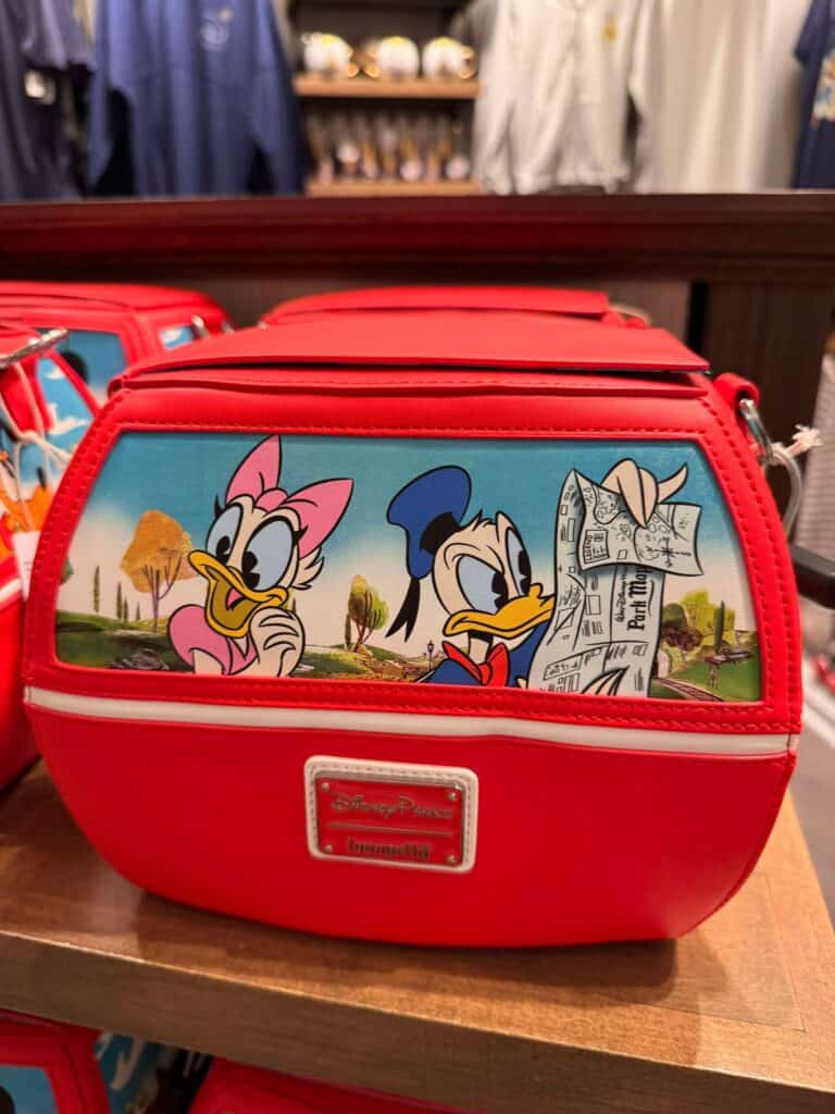 Cute Disney Parks Loungefly bag featuring Donald Duck and Daisy Duck with a scenic background.