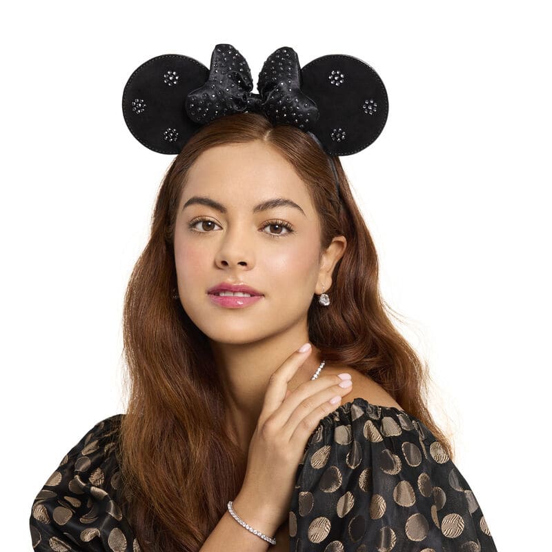 Disney Minnie Mouse ears headband with black bow and rhinestones.
