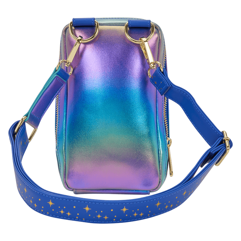 Shimmering iridescent Disney-themed crossbody bag with star-patterned strap.