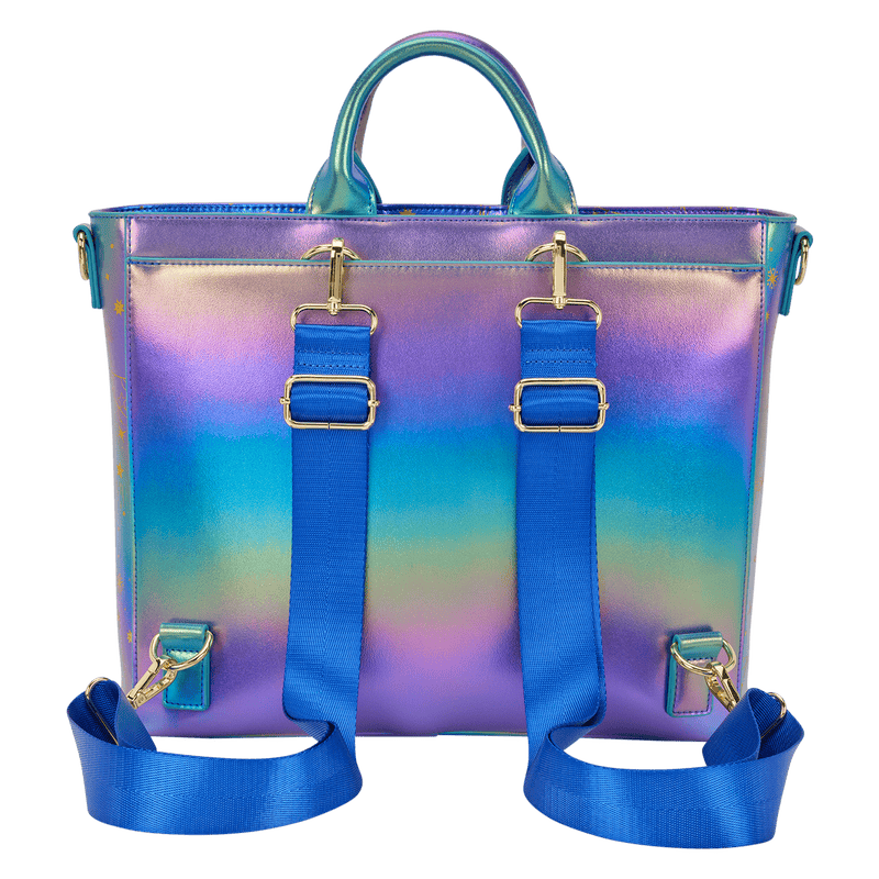 Iridescent Disney-themed backpack with blue straps and gold hardware, perfect for fashion-forward Disney fans.