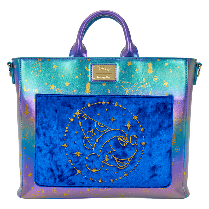 Shimmering Disney Mickey Mouse tote bag with celestial star patterns and velvet pocket.