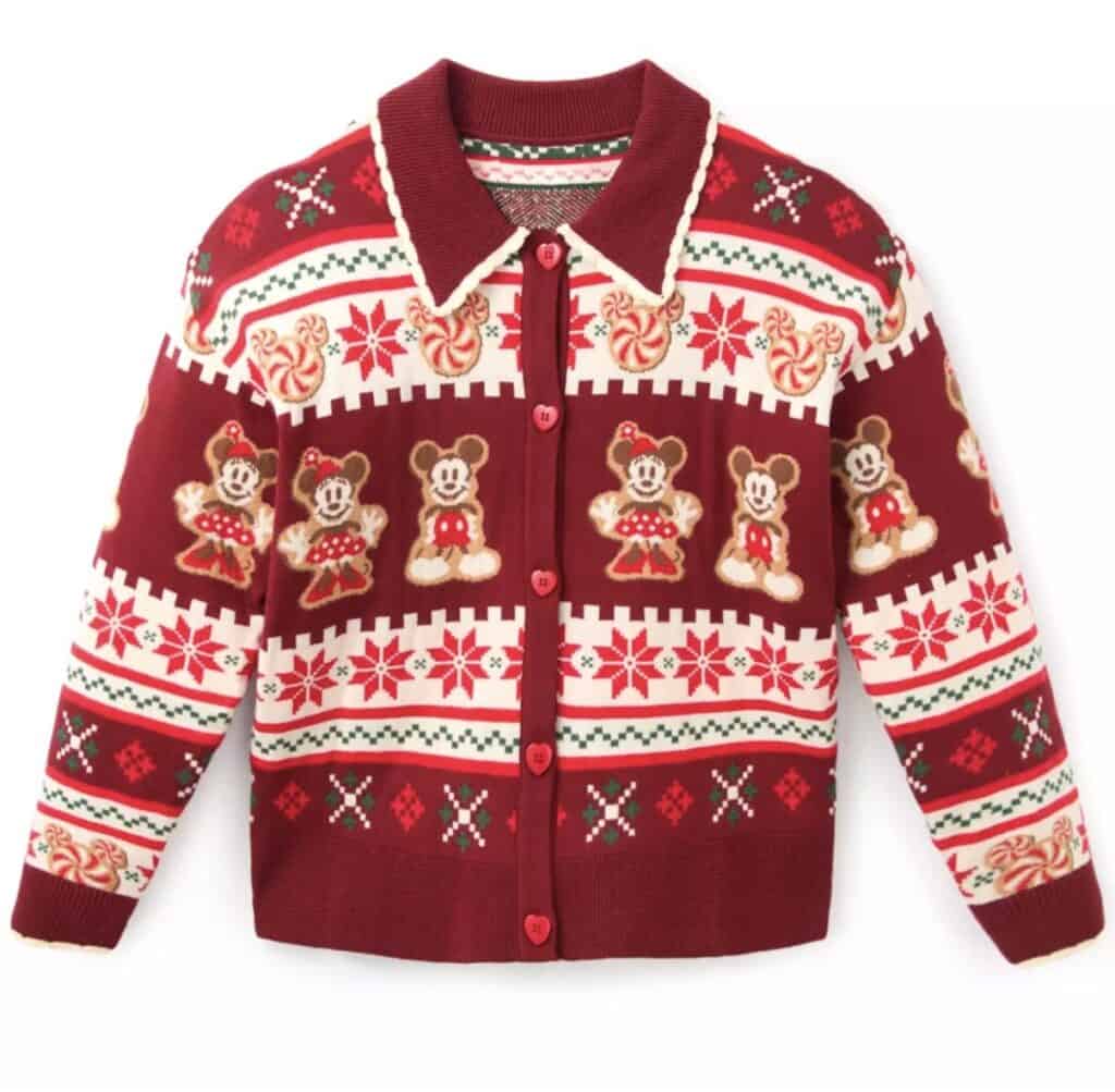Red Christmas sweater with Mickey and Minnie Mouse holiday pattern.