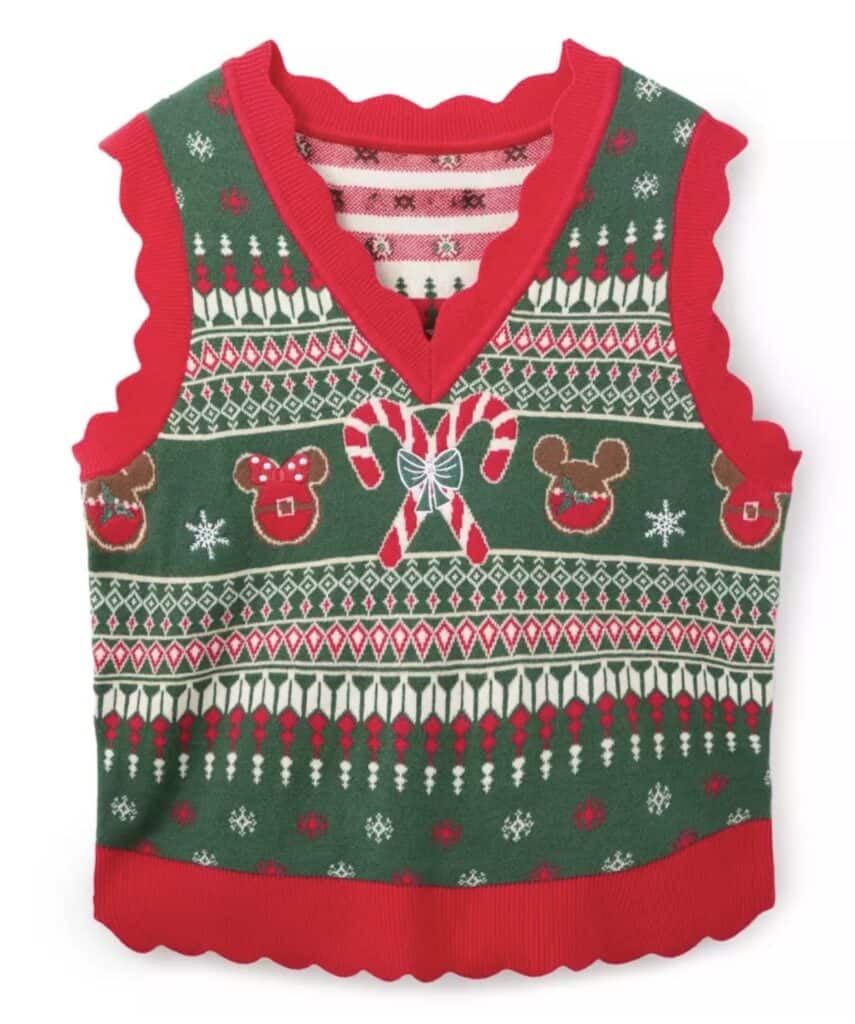 Festive Disney Christmas sweater vest with holiday-themed Minnie Mouse and candy cane patterns.