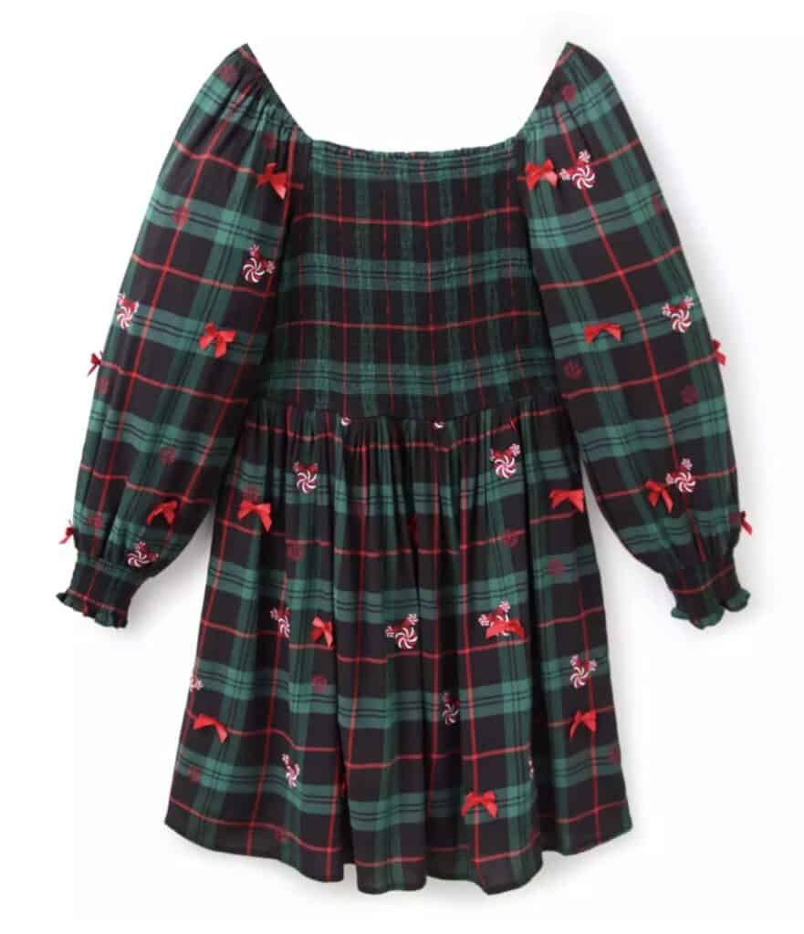 Festive tartan dress with holiday-themed bows and peppermint candy embroidery, perfect for Christmas themes.