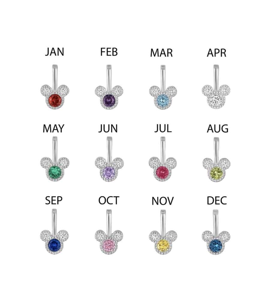 Bright Mickey Mouse birthday month jewelry charms with colorful gemstones for each month.