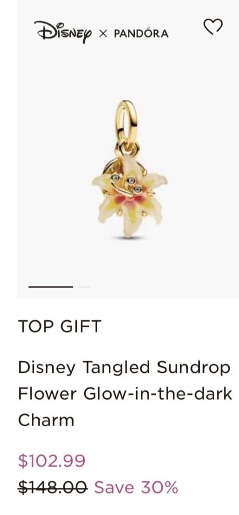 Bright Disney Pandora flower charm with glowing sundrop flower, perfect for jewelry fans.
