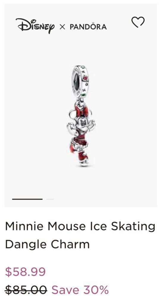Cute Minnie Mouse ice skating dangle charm with red bow and detailed design. Perfect Disney jewelry accessory.