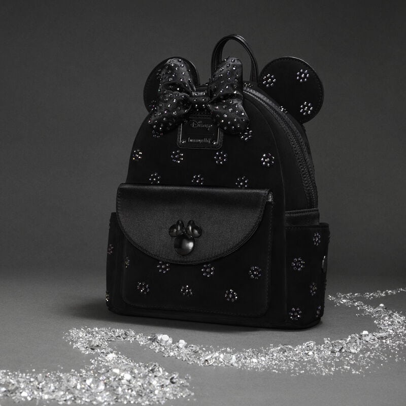 Black Minnie Mouse backpack with bow and rhinestone details for Disney fashion lovers.