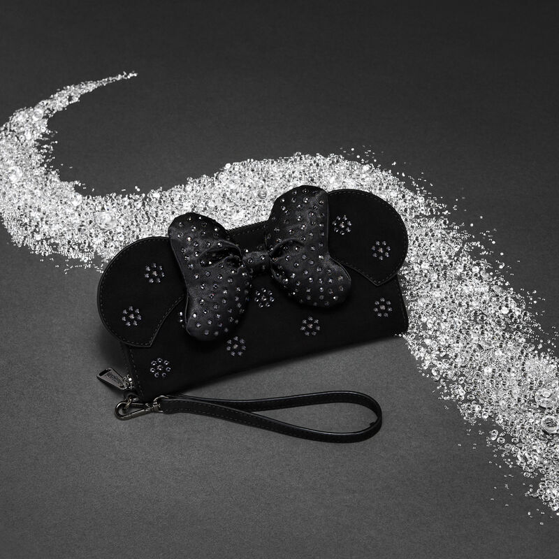 Black Minnie Mouse clutch bag with rhinestone embellishments and bow, perfect for Disney-themed fashion accessories.