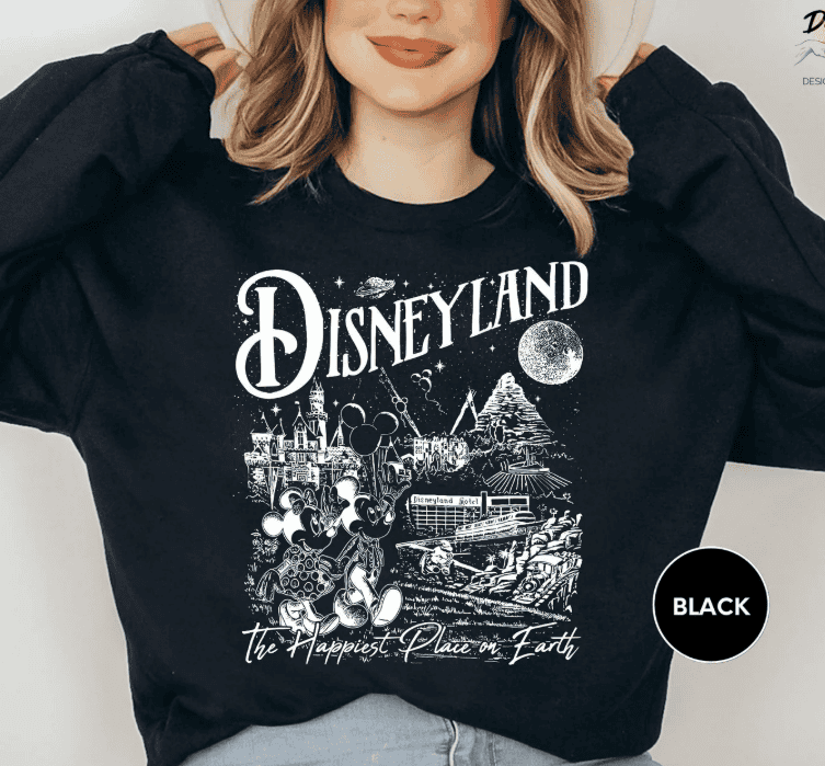 Disneyland black sweatshirt featuring Mickey Mouse and iconic theme park attractions, perfect for Disney fans.