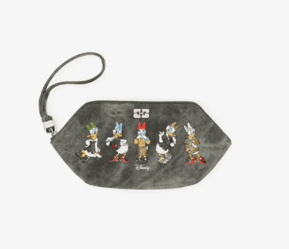 Colorful Disney character embroidered clutch bag with mickey mouse ears and wrist strap.