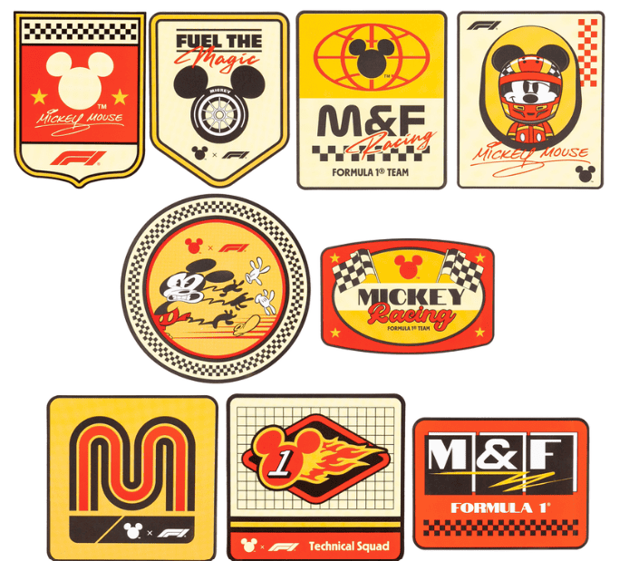 Mickey Mouse racing patches with Disney and Formula 1 theme, collectible Disney fashion accessories.