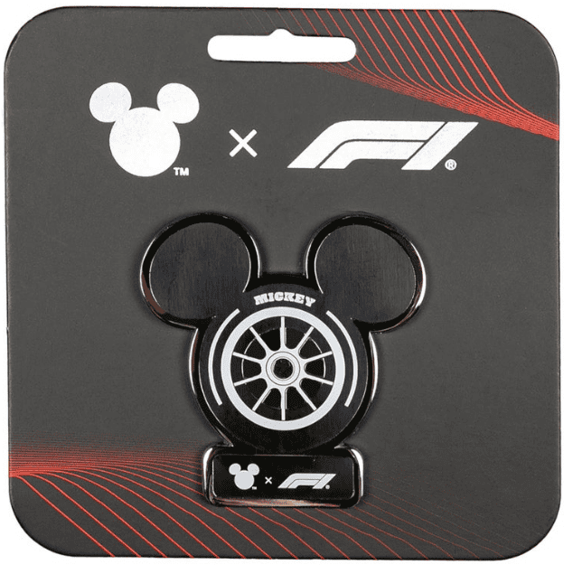 Mickey Mouse and F1 logo lapel pin with Disney and Formula 1 branding.